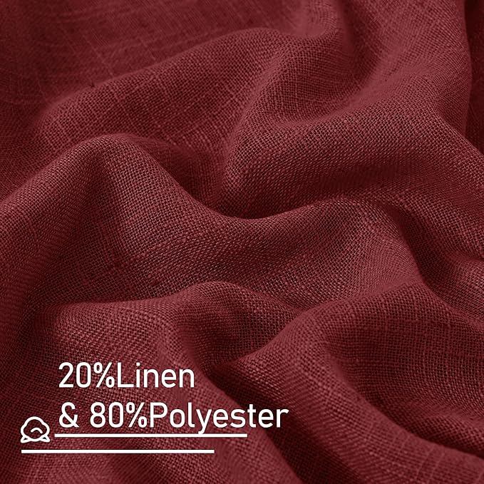 Burgundy Red Linen Curtains 40 Inches Long for Kitchen 2 Panels | Semi Sheer Light Filtering Panels, Christmas Decor, Drapes for Small Windows, Bathroom, Bronze Grommet, 34 x 40 Inch