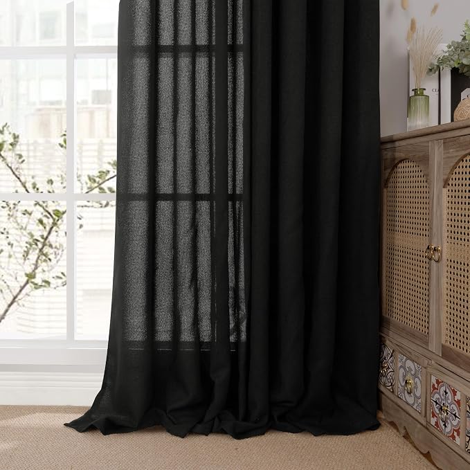 YoungsTex Black Linen Curtains for Living Room 95 Inch Length, Light Filtering Window Drapes with Rod Pocket Back Tab Semi Sheer for Farmhouse Bedroom, 2 Panels, 52 X 95 Inch