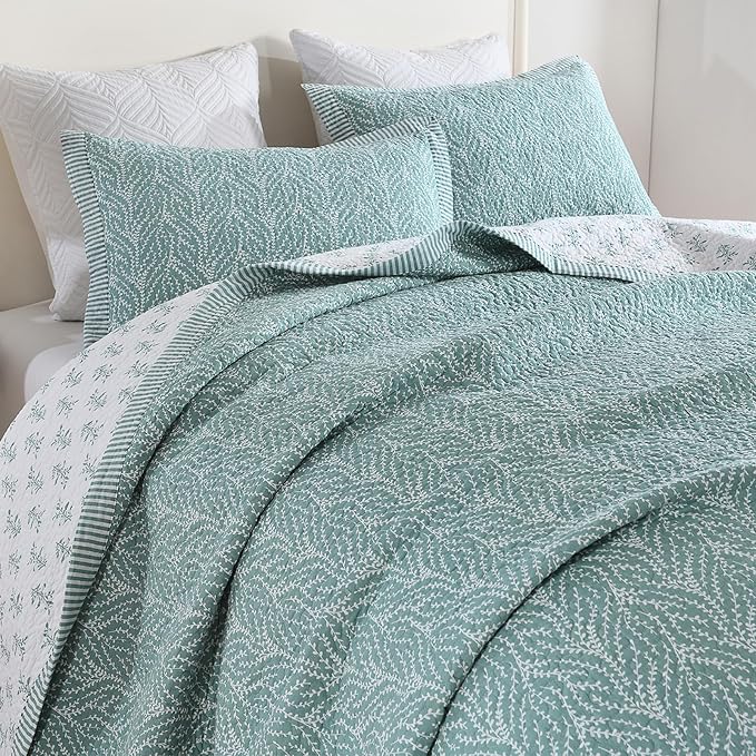 SahSahCasa Quilt Set Queen Size, 100% Cotton Quilt Bedding Set Bedspread, Botanical Pattern Solid Color Chic Lightweight Quilted Comforter for Queen Bed, White/Teal, All Season, 3PCs