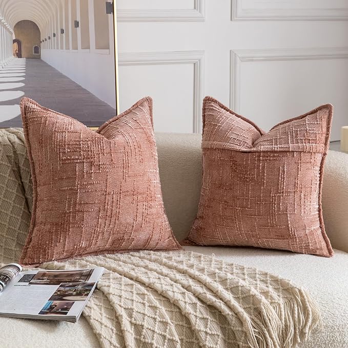 MADIZZ Pack of 2 Chenille Throw Pillow Covers 24x24 Inch Pink Soft Neutral Decorative Throw Pillows for Couch Sofa Boho Accent Cushion Covers Modern Farmhouse Home Decor for Bedroom Living Room