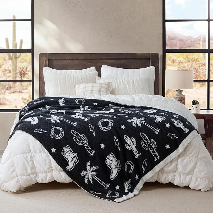 Snuggle Sac Western Throw Blanket for Couch Bed Sofa 50x60 inches, Reversible Black Cowgirl Blanket Ultra Soft Cozy Blankets for Women Mothers Birthday Gifts