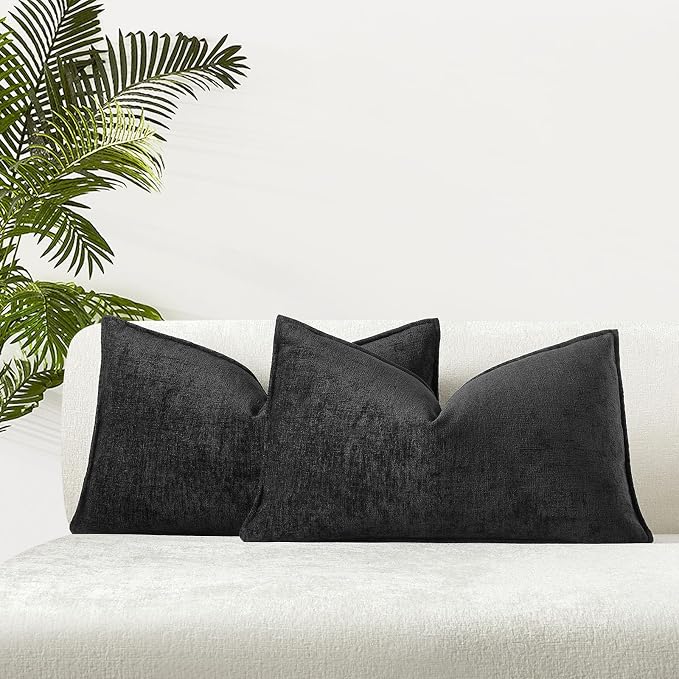 JUSPURBET 12x20 Chenille Lumbar Throw Pillow Covers Set of 2,Black | Decorative Cozy Soft Cushion Covers Case with Hidden Zipper for Couch Sofa Bed Home Decor Living Room