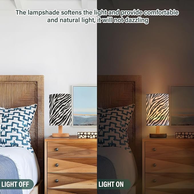 Bedside Table Lamp Zebra Animal Print Nightstand Lamp with Wood Black White Stripe Desk Lamps for Bedroom Living Room Nursery Office Home Decor