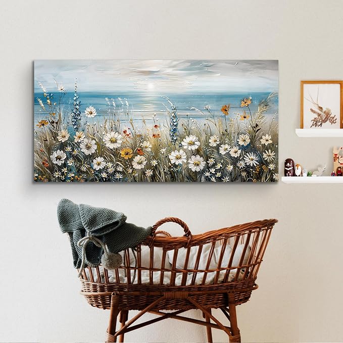 SERIMINO Large Coastal Landscape Wall Decor, Beach Daisy Canvas Art 29"X57" | Extra Large Farmhouse Wall Art, Daisy Wildflower Canvas Painting, Dining Room Decor, Gallery Wrapped, Fade-resistant Inks
