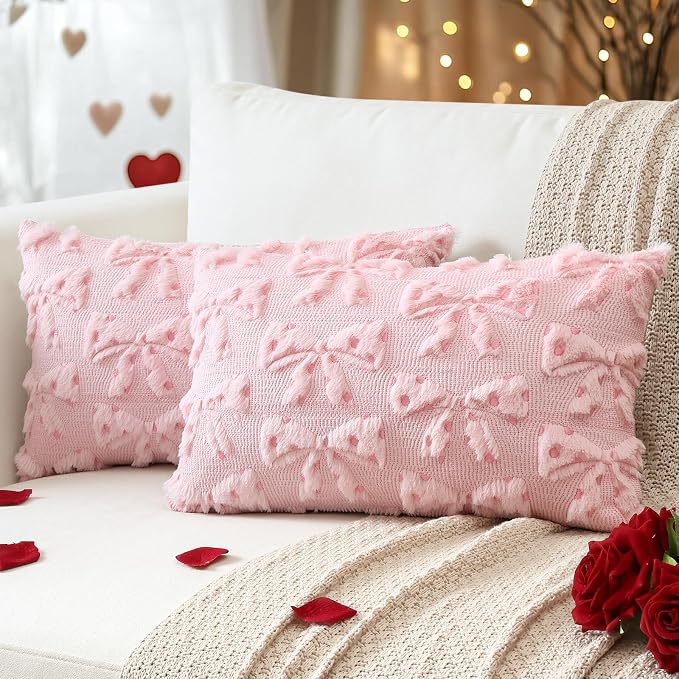 Artscope Valentines Bow Pillow Covers 12x20 Set of 2 Decorative Valentine's Day Throw Pillow Cases Soft Plush Faux Fur Couch Cushion Case for Holiday Sofa Bed Room Home Decor-Pink Bow