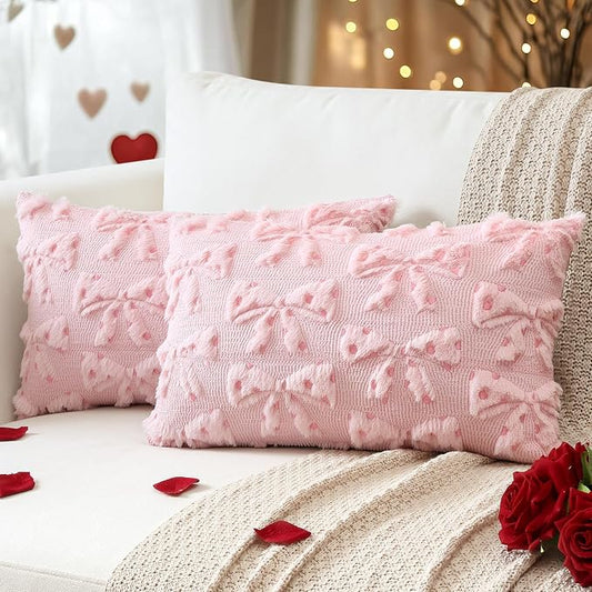 Artscope Valentines Bow Pillow Covers 12x20 Set of 2 Decorative Valentine's Day Throw Pillow Cases Soft Plush Faux Fur Couch Cushion Case for Holiday Sofa Bed Room Home Decor-Pink Bow
