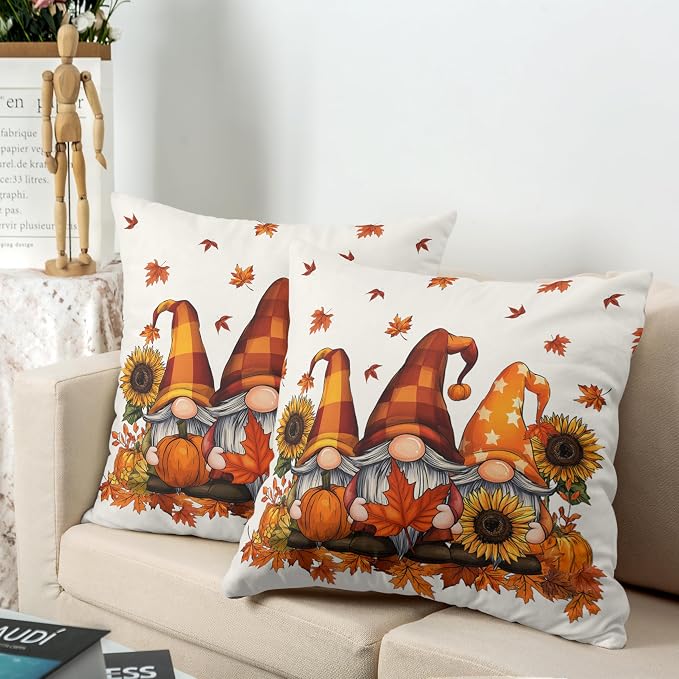 Fall Gnome Pillow Covers 22x22 Set of 2 Pumpkin Sunflower Maple Leaves Throw Pillow Covers Autumn Pillow Case Thanksgiving Cushion Case for Home Decor Couch Sofa