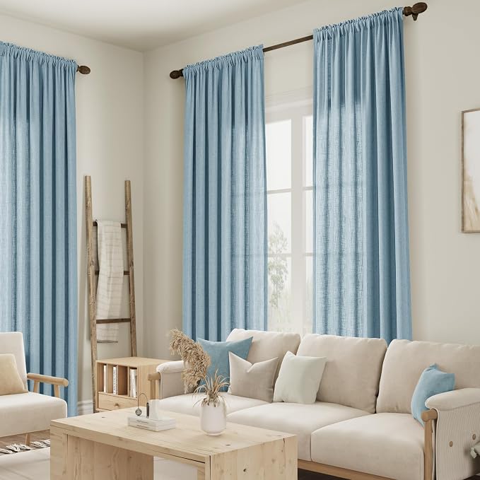 Light Blue Linen Curtains 96 Inches Long 2 Panel Set Rod Pocket Semi Sheer Dining Room Cozy Bedroom Decor Cotton Look Country Rustic Farmhouse Boho Curtains 52x96