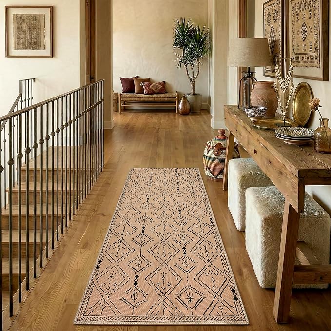 jinchan 2x5 Faux Jute Runner Rug Washable Moroccan Hallway Rug, Warm Taupe | Neutral Boho Geometric, Non-Slip Low Pile, Indoor Outdoor, High-Traffic, Kitchen, Bathroom, Laundry, Porch, Balcony, Entryway