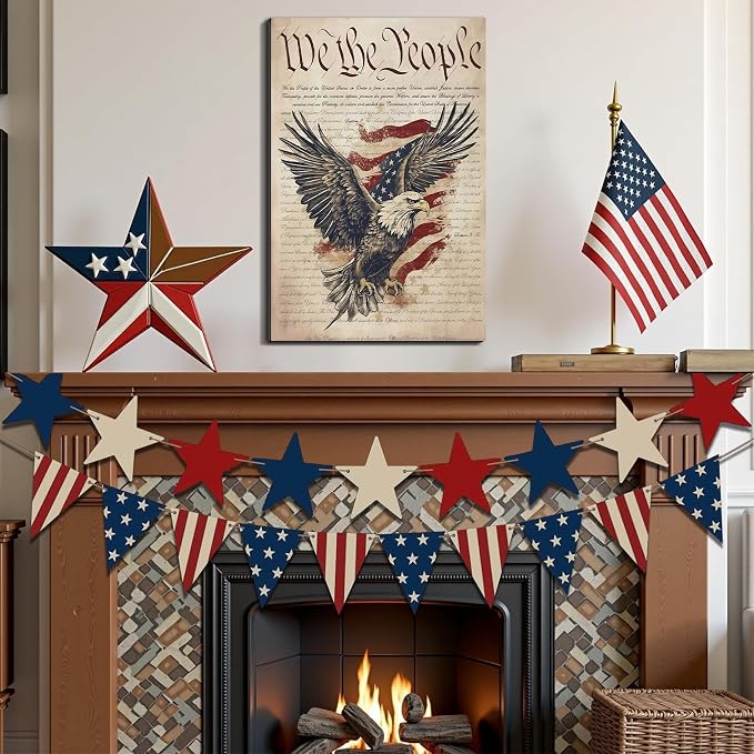 Framed We The People Bald Eagle Wall Art, Patriotic US Constitution Canvas Art Pictures, American Flag Wall Decor, Made in USA Ready to Hang for Office Living Room