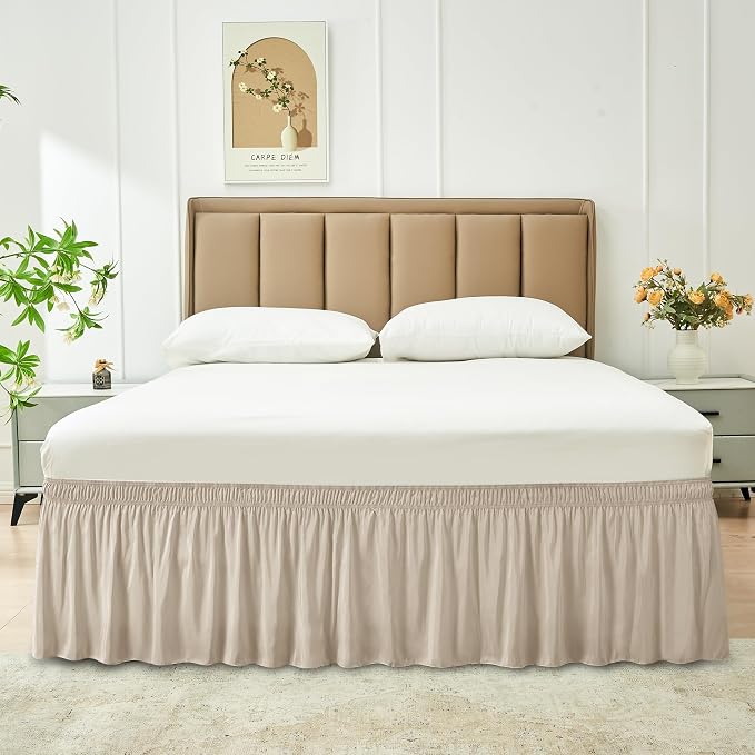 Wrap Around Bed Skirt Full Size 16" Drop-Elastic Dust Ruffle Light Camel | Adjustable Pleated Bedskirt-Easy Fit Wrinkle Resistant Washable Bed Skirting-Hotel Studio Apartment Home Guest Bedroom Rental
