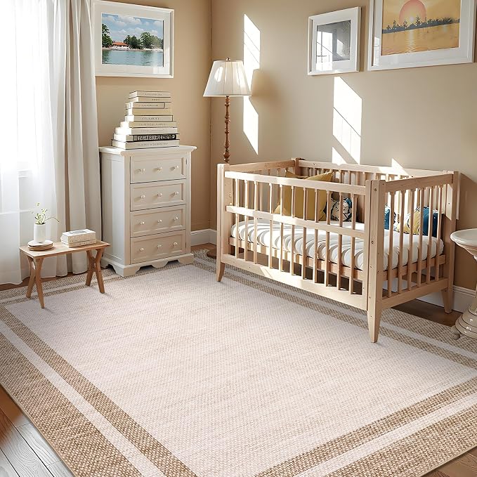 COZYLOOM Area Rugs 10x13 Large Living Room Rug with Rubber Backing, Stain Resistant Modern Bordered Rug, Non Shedding Low Pile Soft Carpet, Foldable Thin Mats for Bedroom, Dining Room, Office, Beige