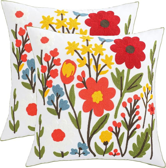 LUOYEHK Embroidered Throw Pillow Covers 18x18 Inch Set of 2 Spring Flowers Decorative Pillow Cover Summer Boho Floral Cushion Pillowcase for Couch Sofa Bed Living Room