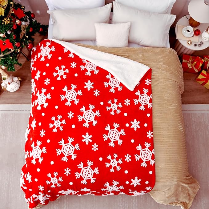 Red Sherpa Blanket - Snowflakes Throw Blanket for Couch, Warm Winter Cabin Throw, Premium Microfiber & Soft Touch, Plush & Fluffy, Warm & Cozy, Sofa, Bed, 50"x60"