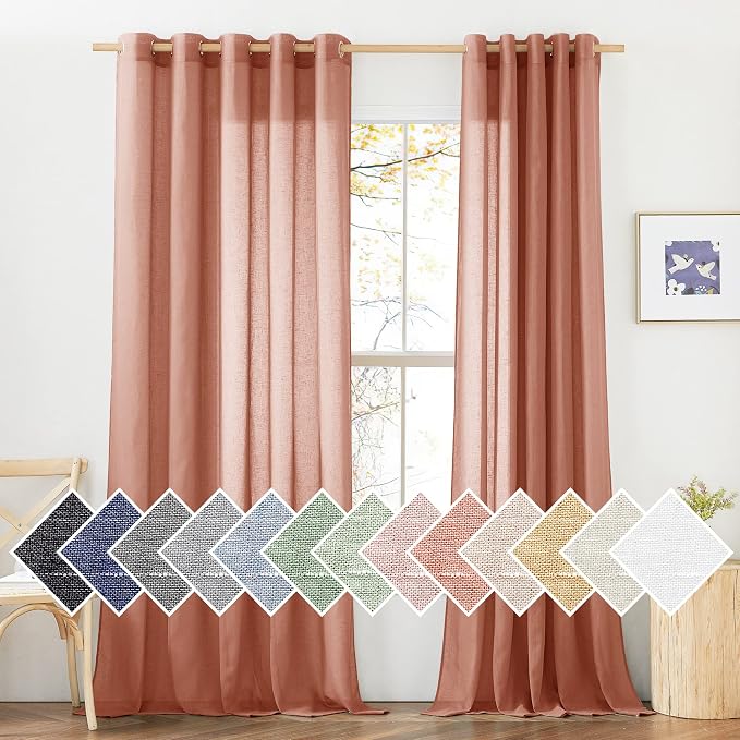 NICETOWN Linen Semi Sheer Curtains for French Door, Grommet Rustic Farmhouse Linen Curtains & Drapes Privacy with Light Through for Bedroom/Home Office, Burnt Orange, W70 x L96, 1 Pair