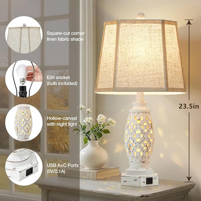 Lamps for Night Stands Set of 2-23.5" Bedside Lamp with USB A+C and Nightlight - Rustic Farmhouse Table Lamp for Bedrooms, End Tables, Living Room - French Country Decor, Bulbs Included, Cream