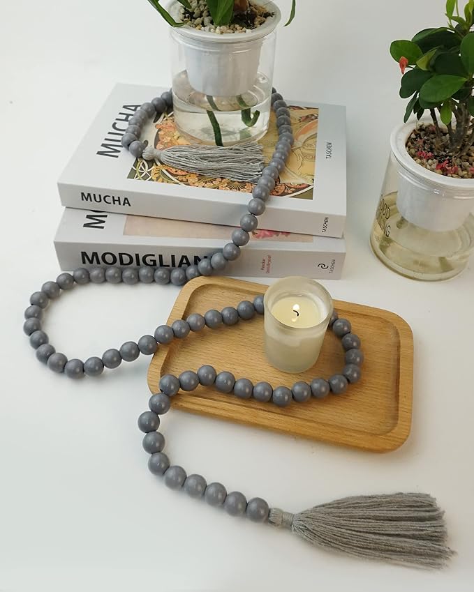 Grey Wooden Bead Garland with Tassels, 61 Inch