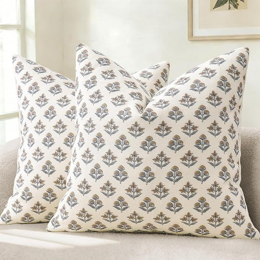 YCOLL Farmhouse Floral Pillow Covers 18x18 Set of 2, Rustic Country Decorative Cushion Covers Vintage Throw Pillow Covers for Sofa Couch Bed Living Room Home Decor, Vintage Walnut