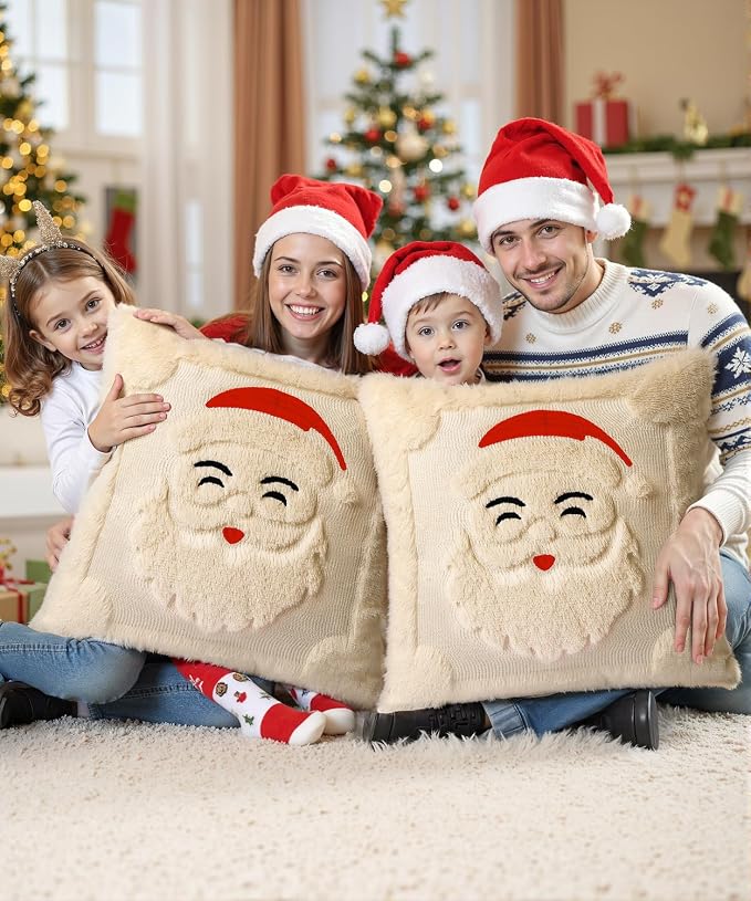 Christmas Pillow Covers Set of 2 Soft Plush Faux Fur Pillow Cases 3D Embroidered Decorative Couch Cover Home Decor Christmas Throw Pillow Covers 18x18,Beige Santa Clauss