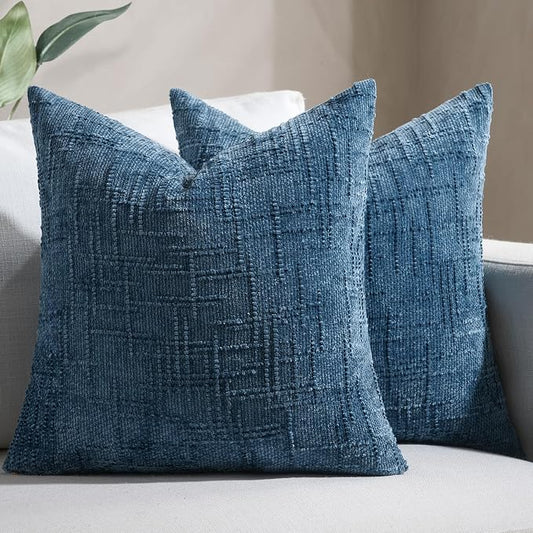 Softalker Navy Blue Throw Pillow Covers - Chenille 18 x 18 Inch Set of 2, Farmhouse Soft Textured Neutral Decorative Cushion Covers for Couch Sofa Bed Living Room, Modern Easter Home Decor Outdoor