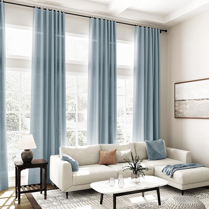 Light Blue Linen Curtains for Living Room Bedroom 100 Inches Long Back Tab Rod Pocket Light Filtering Drapes for Protect Privacy Curtain Modern Farmhouse Decor 2 Panels Set 52x100