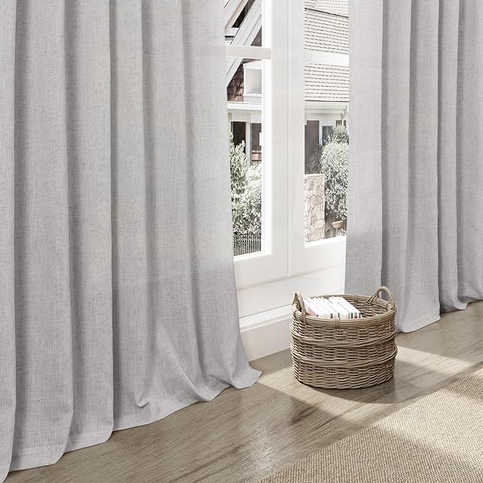Grey Linen Back Tab Curtains 84 Inch Length for Living Room 2 Panel Set Neutral Modern Farmhouse Window Privacy Semi Sheer Linen Drapes Rustic Pinch Pleated Look Curtain 52x84
