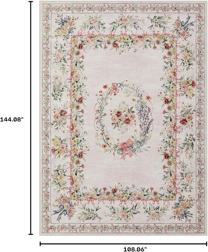 Joydeco Washable 9x12 Area Rugs, Ultra-Thin Large Area Rug for Living Room, Pink Soft Non Slip Boho Floral Bow Apartment Decor Carpet for Big Bedroom Playroom Nursery Office, Light Pink