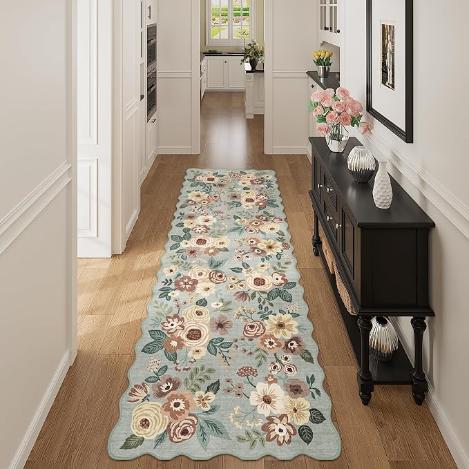 DUKINO 2x10 Runner Rug for Hallway, Washable Kitchen Rugs, Sage Green | Non Slip, Low Pile, Soft Floral Throw Carpet Runner for Entryway, Bedroom, Bathroom, Laundry, Pet Friendly, Modern Home Decor