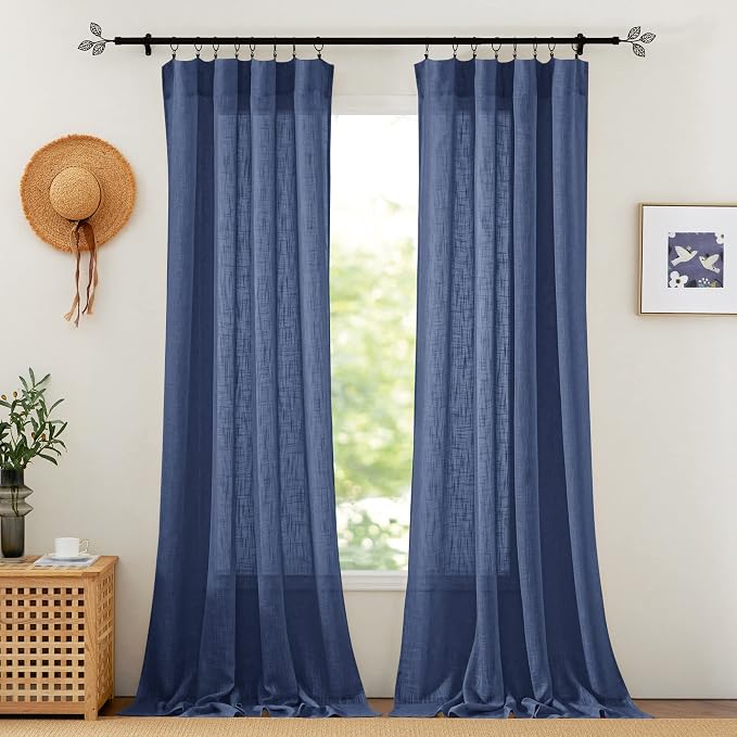 RYB HOME Curtains for Living Room - Linen Texture Sheer Farmhouse Country Curtains for Patio Sliding Glass Door French Door Bedroom Dining, Navy Blue, 52 x 95 inches, 2 Panels