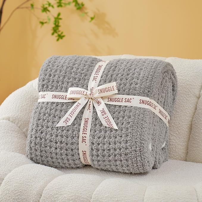 Snuggle Sac Ultra Soft Waffle Throw Blanket for Couch Bed Sofa 50x60 inches, Reversible Grey Blanket Microfiber Fluffy Fuzzy Cozy Knit Throws for Women Mothers Birthday Gifts