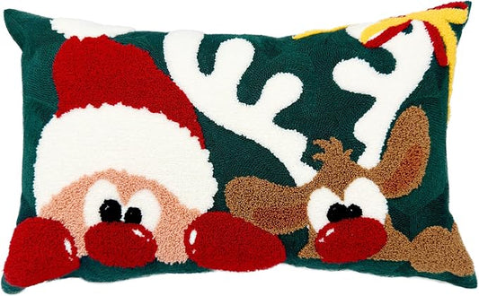 Alysheer Christmas Green Embroidered Lumbar Decorative Throw Pillow Cover 12x20, Santa Deer Tufted Embroidery Cotton Cushion Case for Sofa Couch Bed Living Room Holiday Decor Gift