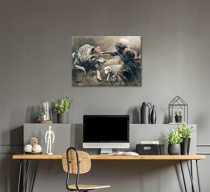 Jesus Saves the Lost Lamb Canvas Wall Art Jesus Lamb Wolf Painting Picture Wall Decor The Shepherd's Protection Wolf Poster Print Artwork Christ Art for Living Room Bedroom Church Home Decoration