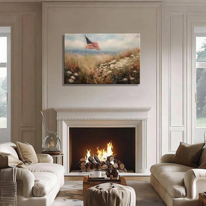 RIBNTAK Vintage American Flag Canvas Wall Art, Rustic Field Landscape Artwork Print for 4th of July Decorations, Patriotic Decor Collection Perfect for Independence Day Bedroom Home Decor