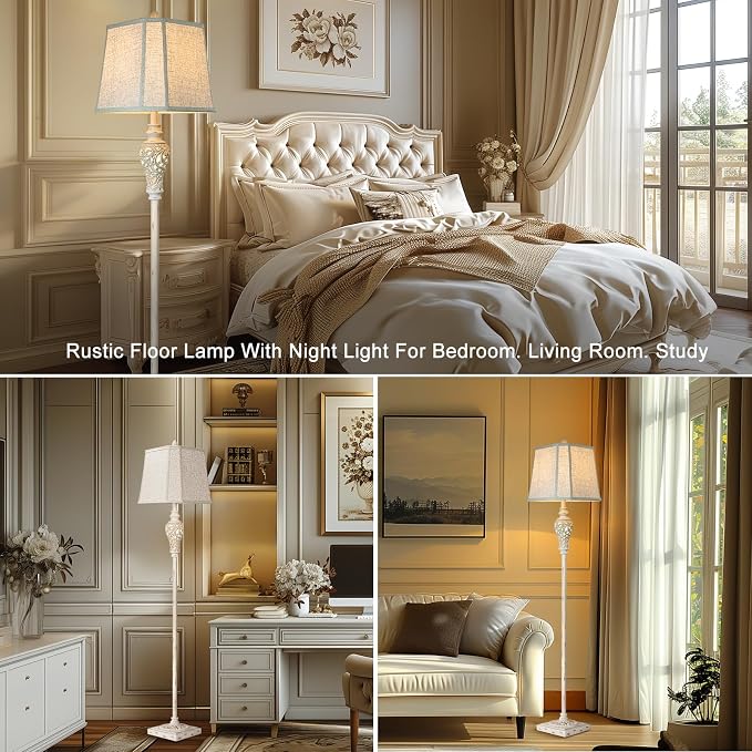 Rustic Floor Lamp with Nightlight for Living Room, Vintage Standing Lamp