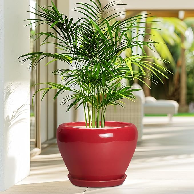 Ceramicfor 10 Inch Plant Pot, Ceramic Planter for Indoor Plants, Glossy Red | Round Planter with Drainage Hole and Saucer, Glaze, Modern, Home Room Garden Decor, Gifts for Plant Lovers