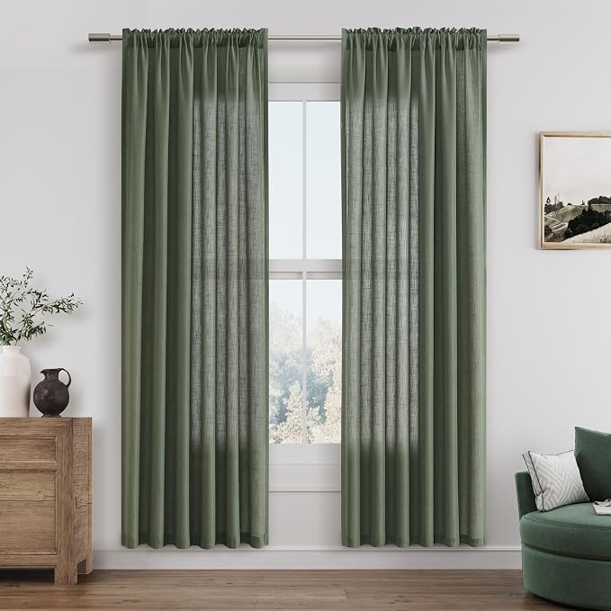Olive Green Linen Curtains 80 Inch Length for Living Room Bedroom 2 Panels Set Rod Pocket Light Filtering Semi Sheer Window Curtains 52 Inch Width Boho Farmhouse Linen Drapes, W52xL80