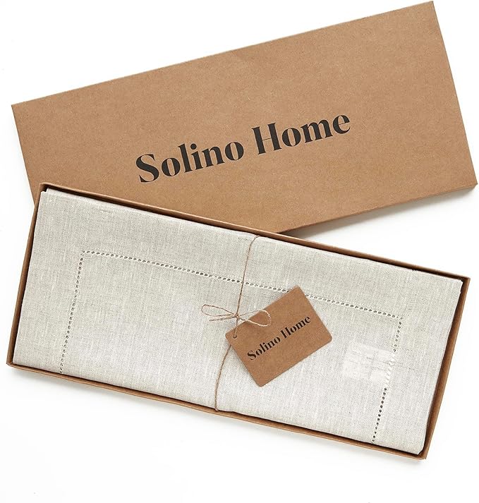 Solino Home 100% Linen Table Runner Natural, Classic Hemstitch 14 x 36 in | a graceful centrepiece for dining and gatherings, hemstitched border, mitered corners, machine washable, OEKO-TEX Certified