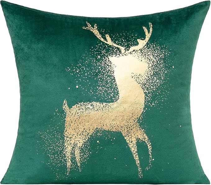 All Smiles Dark Green Gold Christmas Decorations Throw Pillow Covers Cases 20X20 Set of 4 Winter Xmas Indoor Home Décor Ornaments Velvet Navidad Cushion for Sofa Christmas Tree Snowflake Reindeer
