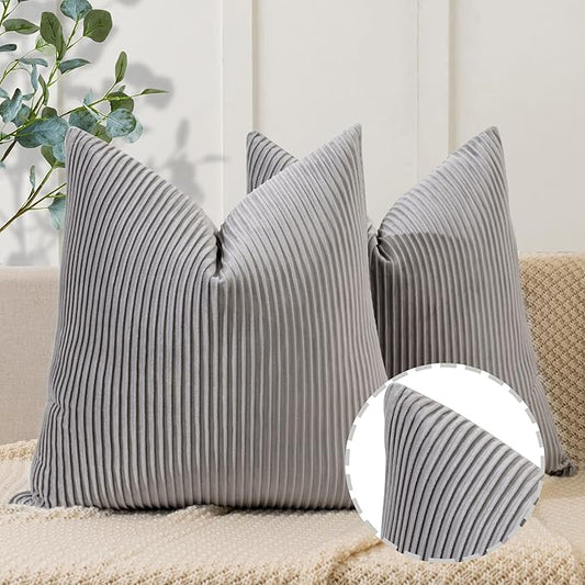 YCOLL Dark Gray Pillow Covers 18x18 Set of 2 Velvet Striped Pattern - Soft Throw Pillows for Home Decor, Luxury Decorative Pillow Covers for Couch, Bed,Living Room