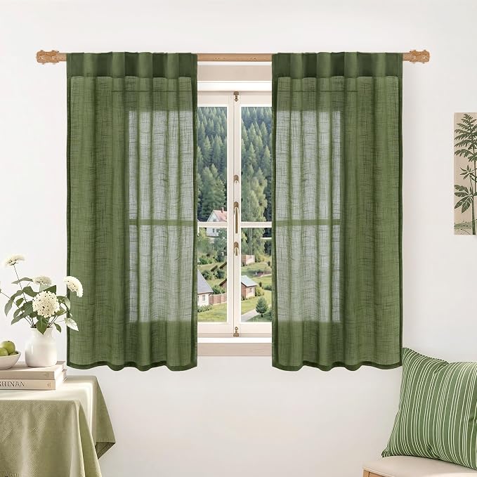 Semi Sheer Linen Curtains 48 Inch Length 2 Panels Set, Olive Green | Short Kitchen Curtains, Light Filtering Panels, Window Drapes for Bathroom, Small Windows, Back Tab Rod Pocket, 34 x 48 Inch