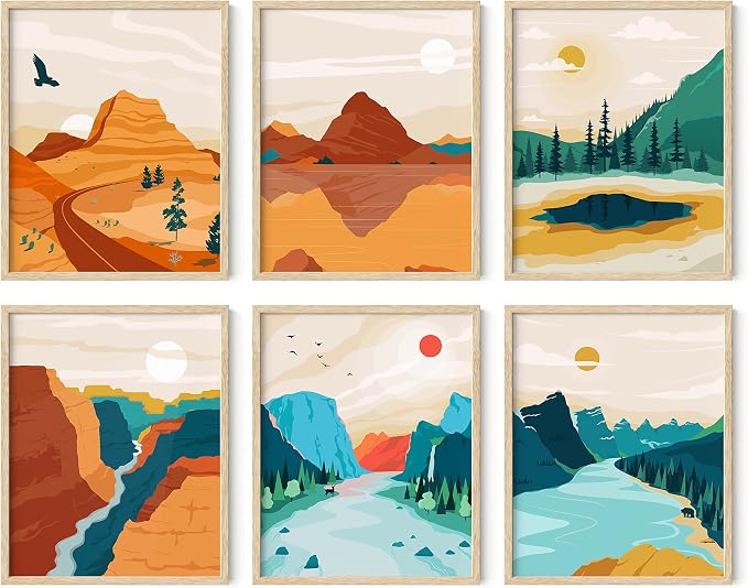 HAUS AND HUES Vintage National Park Posters - Set of 6 National Parks Art Prints, Nature Wall Art and Mountain Print Set, Abstract Prints of Mountain Wall Art (Beige Frame, 8x10)