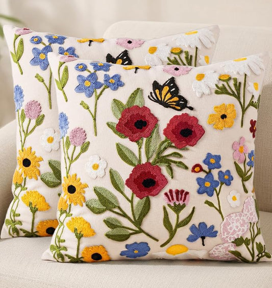 Embroidered Throw Pillow Covers 18x18 Inch, 2Pack, Retro Flower | Decorative Pillow Covers Set of 2, Vintage Cushion Cases with Hidden Zipper, Boho Decor for Couch, Sofa, Living Room