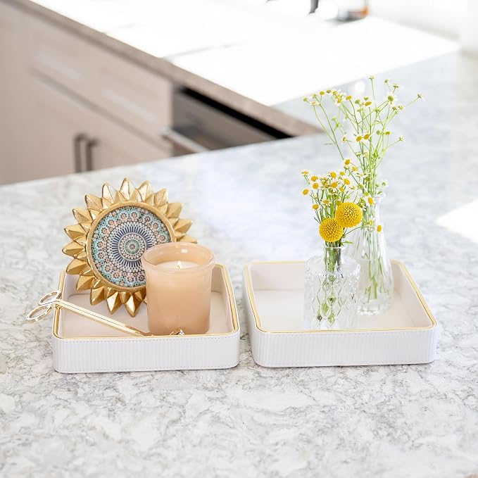 2 Pack White Catch All Trays for Jewelry| Small Leather Valet Tray| Key Bowl for Entryway Table EDC Trinket Tray CatchAll| Perfume Trays for Dresser Organizer Perfume Holder (Set of 2)
