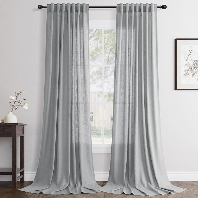Jowels Grey Linen Curtains 84 Inch Long 2 Panels for Living Room | Gray Light Filtering Sheer Curtain, Back Tab Pocket Pleated Look, Boho Farmhouse Textured Privacy Drapes for Bedroom Window