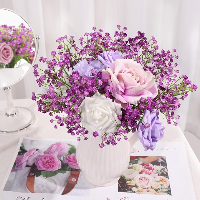 15 PCS Babys Breath Artificial Flowers Fake Babys Breath Flowers Artificial Bulk Purple Gypsophila Bouquets Real Touch Faux Flowers for Wedding Floral Arrangement Party Home Decoration