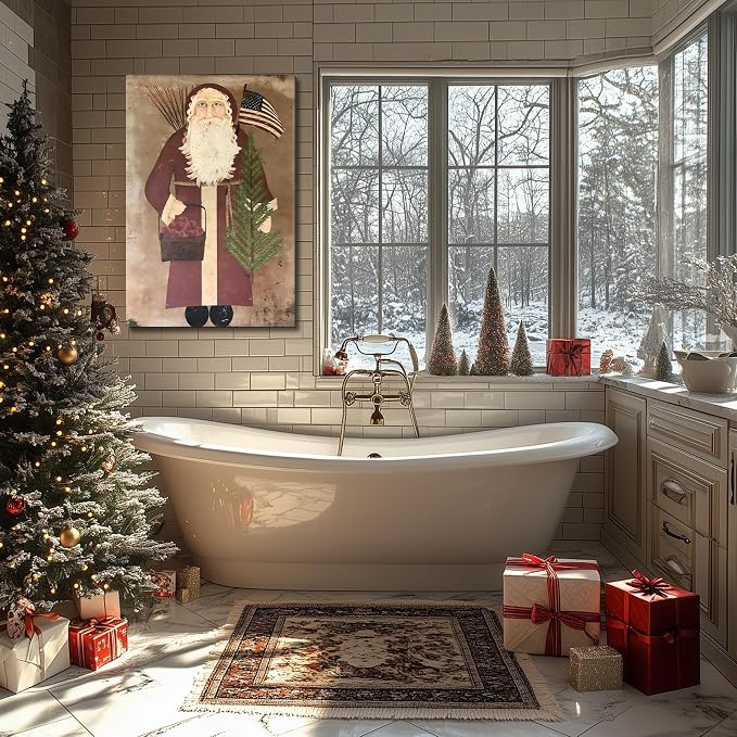 FLZYKGPA Retro Christmas Wall Art Prints 12x18in, Santa Claus Christmas Holiday Canvas, Winter Farmhouse Christmas Poster, Christmas Gallery Wall Decor, Vintage Christmas Decor for Holiday