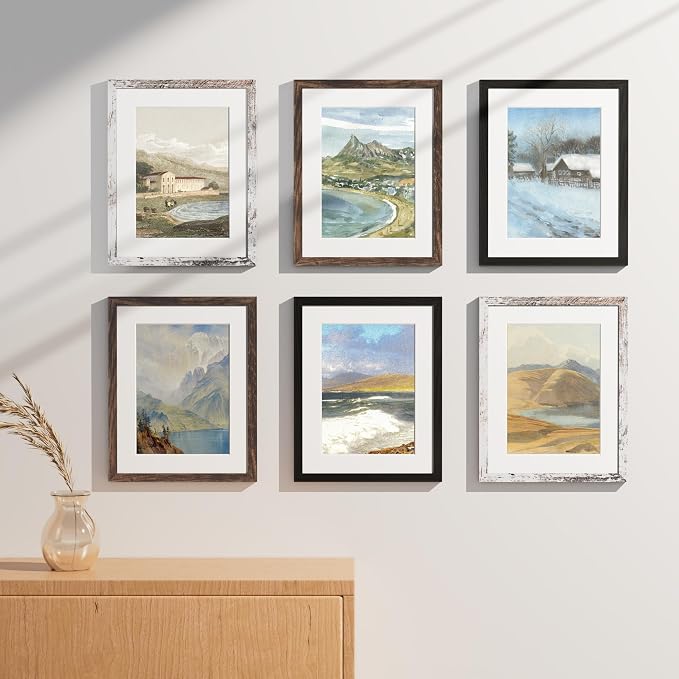 Vittanly 11x14 Picture Frames Set of 9, Black&Brown&Distressed White | Display Pictures 8x10 with Mat or 11x14 without Mat, Engineered Wood with Shatter Resistant Plexiglass, Gallery Photo Frames