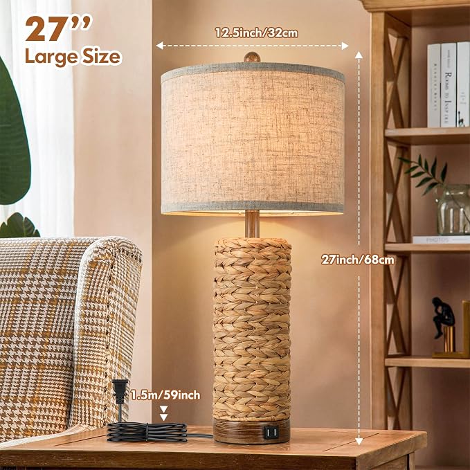 27Inch Tall Rattan Table Lamps Set of 2 for Living Room with 2 USB Ports