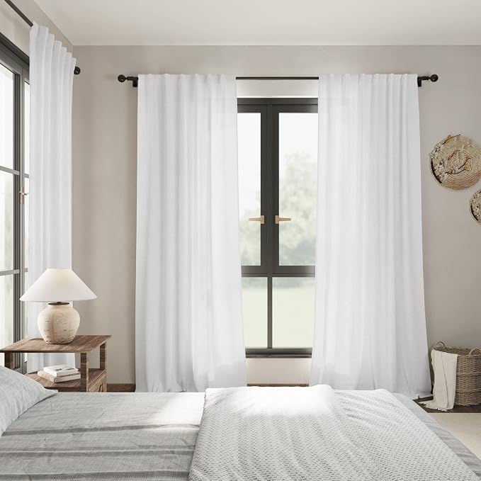 White Linen Curtains 84 inches Long for Bedroom Back Tab Light Filtering Privacy Sheer Modern Farmhouse Coastal Decor Off Cotton Textured Gauze Curtain Living Room 2 Panel Set
