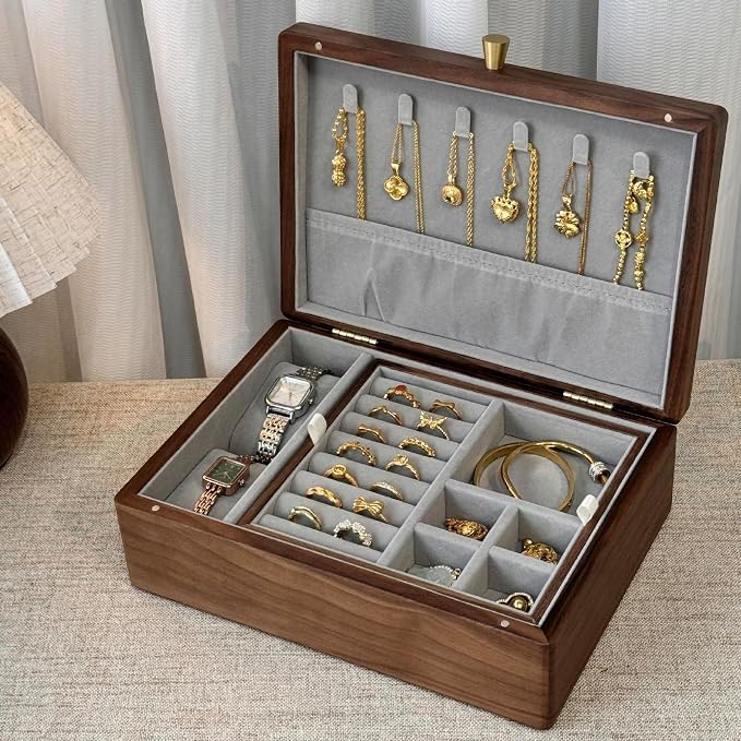 Bescott 2 Layer Solid Black Walnut Wooden Jewelry Box for Women Wood Vintage Organizer for Men Earrings Rings Necklaces Bracelet Watch Storage